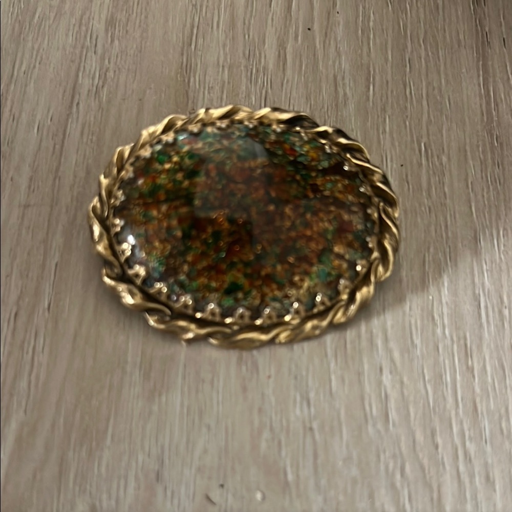 Vintage Japan Gold-Tone Cats Eye Brooch with Multicolor Center